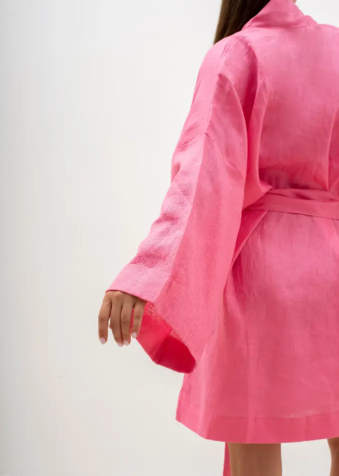Купить Льняное платье кимоно мини цвет:Розовый-барби в интернет-магазине ПАЧЕ