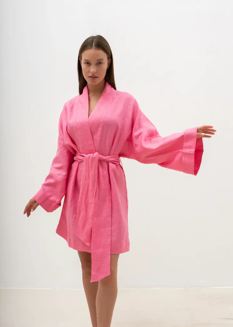 Купить Льняное платье кимоно мини цвет:Розовый-барби в интернет-магазине ПАЧЕ