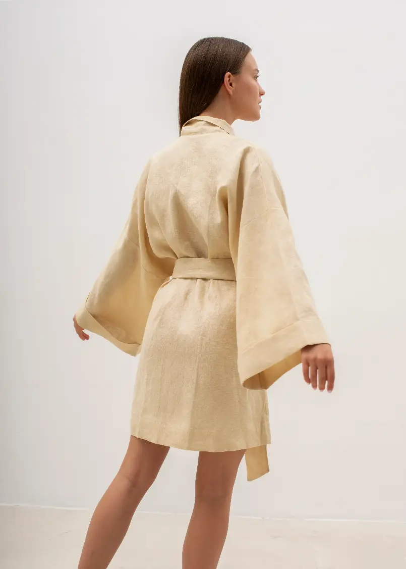 Купить Льняное платье кимоно мини цвет:Бежевый в интернет-магазине ПАЧЕ